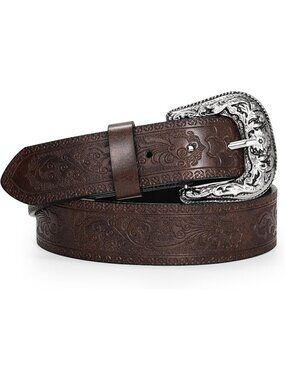 Unisex Coffee Leather Belt Vintage Western Cowboy Belt Engraved Buckle Belt